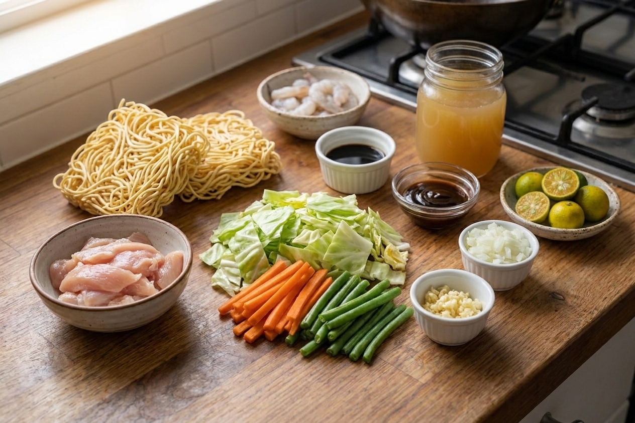Raw ingredients for pancit canton arranged on a kitchen counter, including canton noodles, sliced chicken, peeled shrimp, cabbage, carrots, green beans, garlic, onion, soy sauce, oyster sauce, chicken broth, and lemons or calamansi