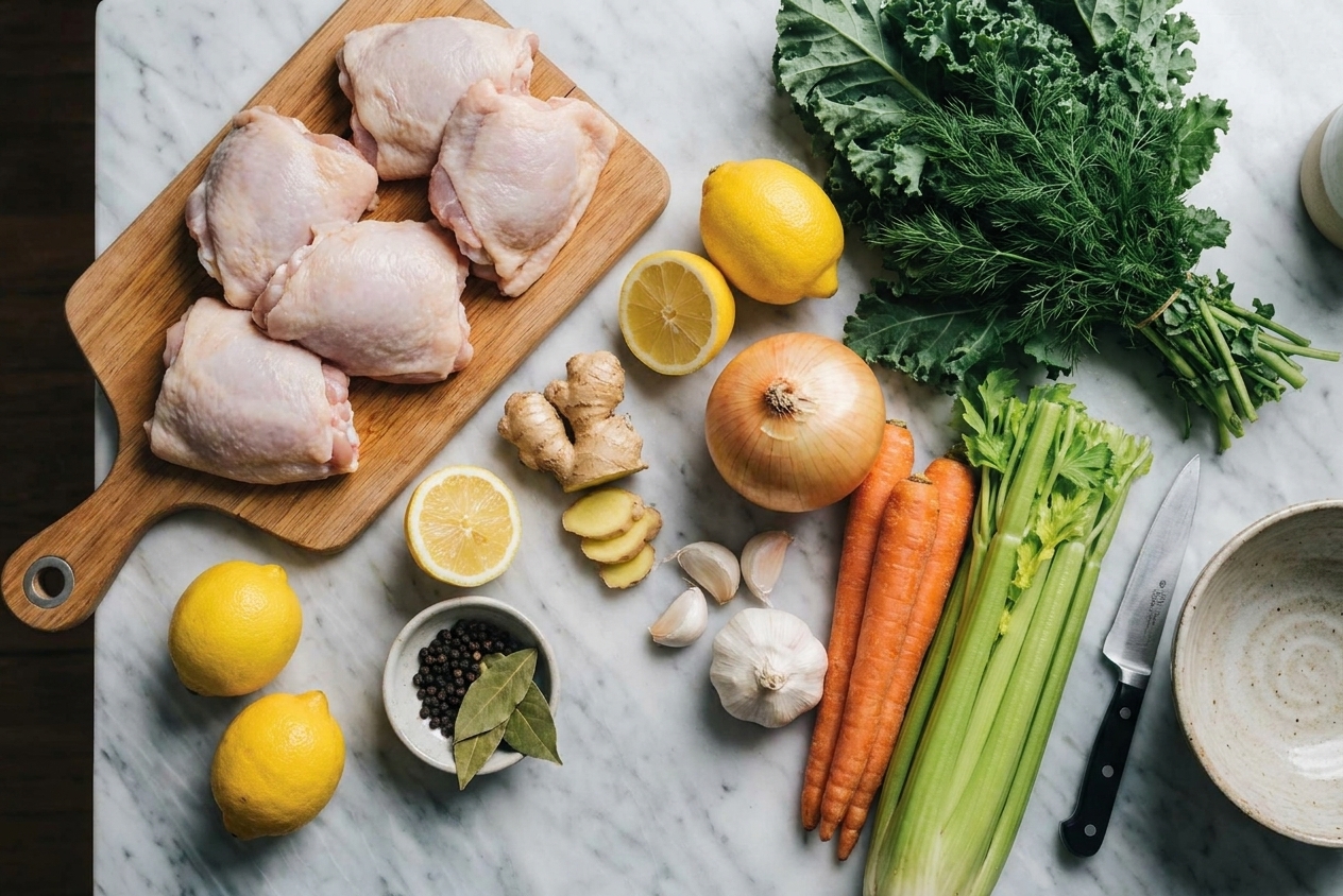 Raw ingredients for penicillin soup arranged on a kitchen counter including chicken thighs, lemons, ginger, garlic, onion, carrots, celery, and leafy greens