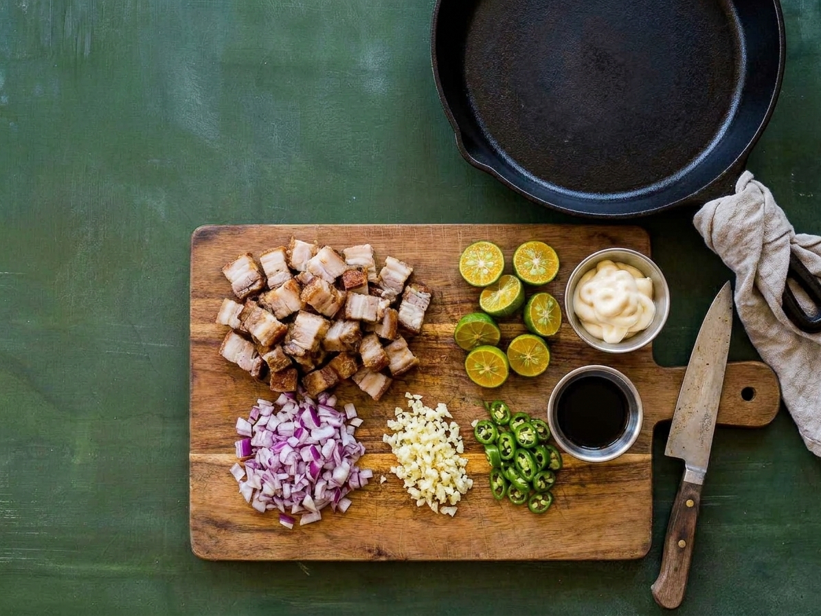 Raw ingredients for pork sisig arranged on a wooden cutting board, including cooked pork belly, red onion, garlic, green chilies, calamansi or limes, soy sauce, mayonnaise, and a cast iron skillet nearby