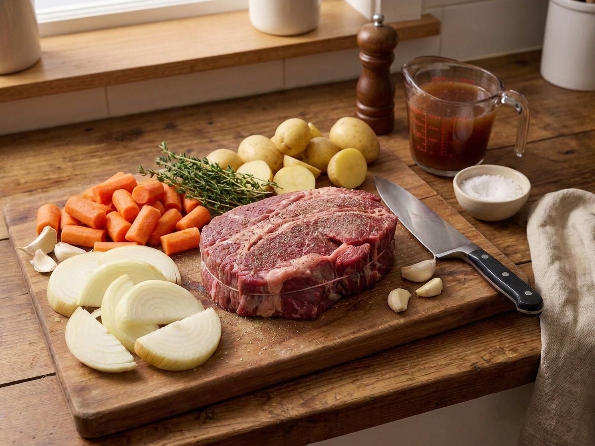 Raw ingredients for pot roast including a chuck roast, carrots, yellow onion, garlic, baby potatoes, fresh thyme, and beef broth arranged on a kitchen counter