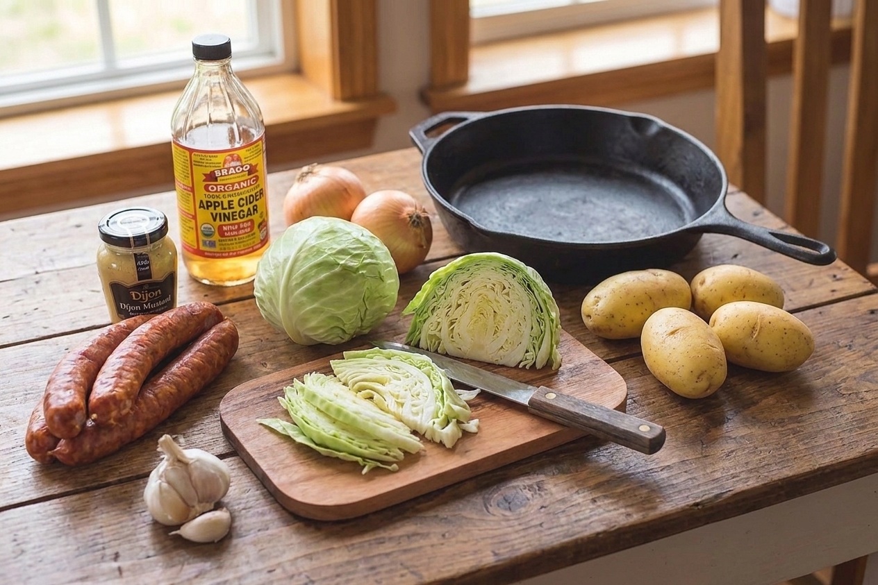Raw ingredients for sausage and cabbage laid out on a kitchen counter including smoked sausage, green cabbage, yellow potatoes, onion, garlic, Dijon mustard, and apple cider vinegar
