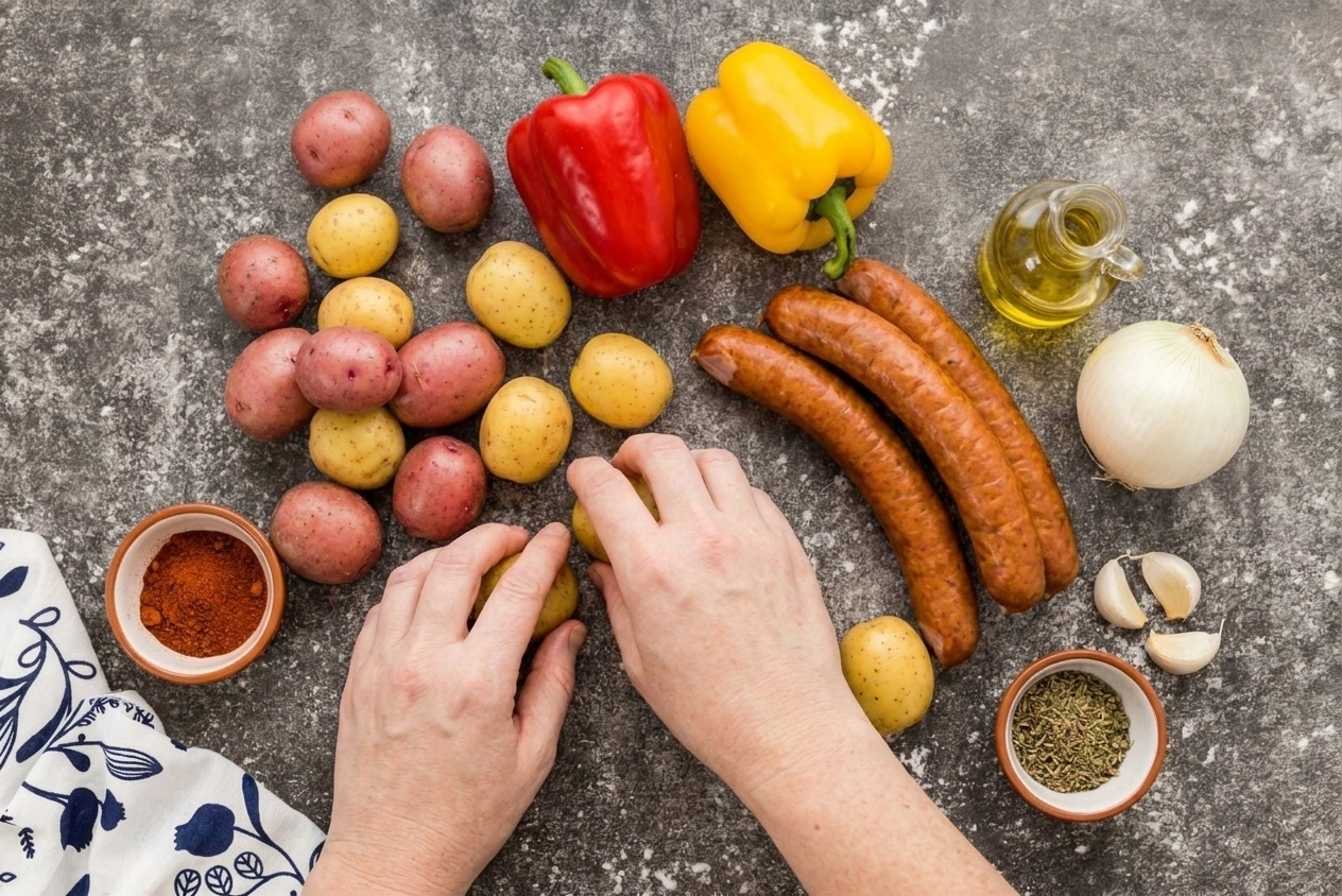 Raw ingredients for sausage and potatoes on a kitchen counter: baby potatoes, smoked sausage links, bell peppers, onion, garlic, olive oil, and small bowls of spices