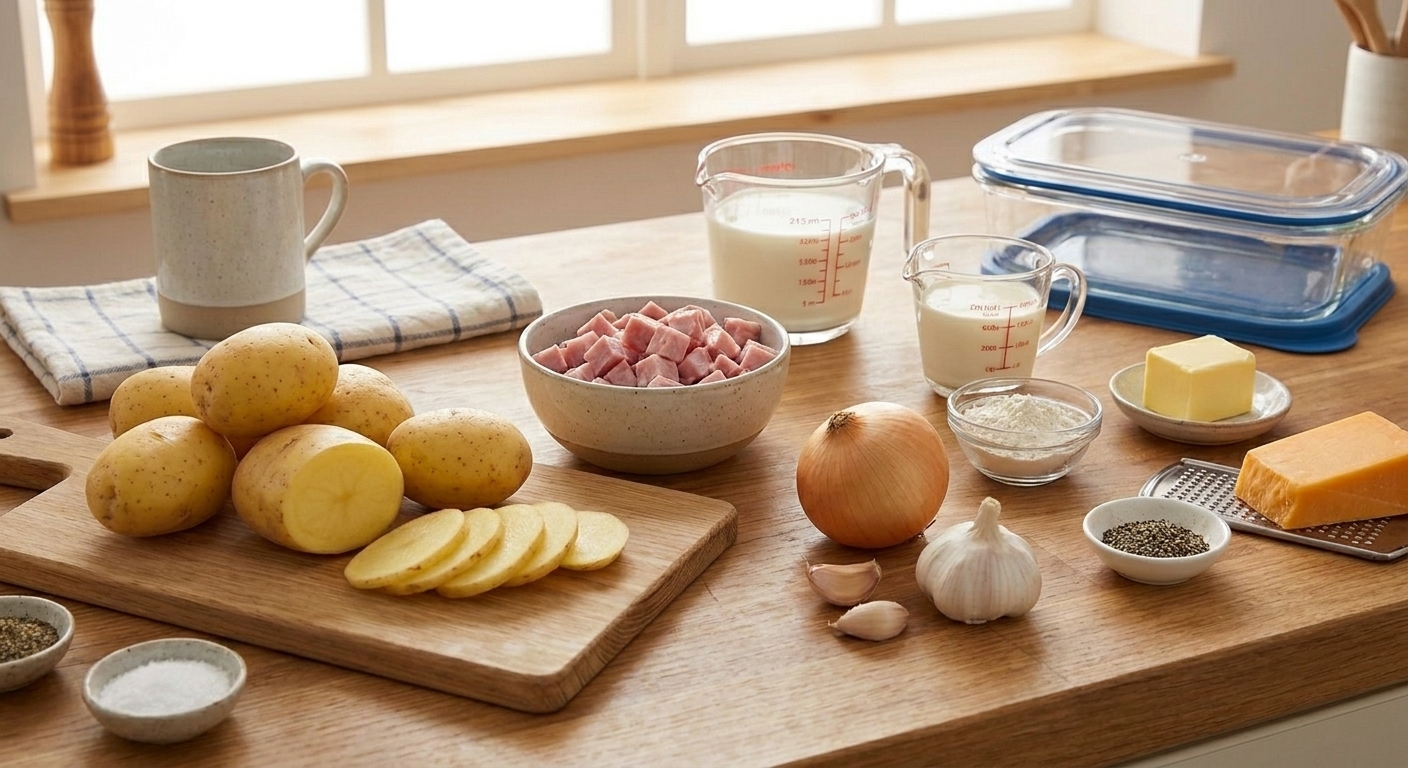 Raw ingredients for scalloped potatoes and ham including potatoes, diced ham, yellow onion, garlic, milk, cream, butter, flour, and cheddar on a tidy kitchen counter