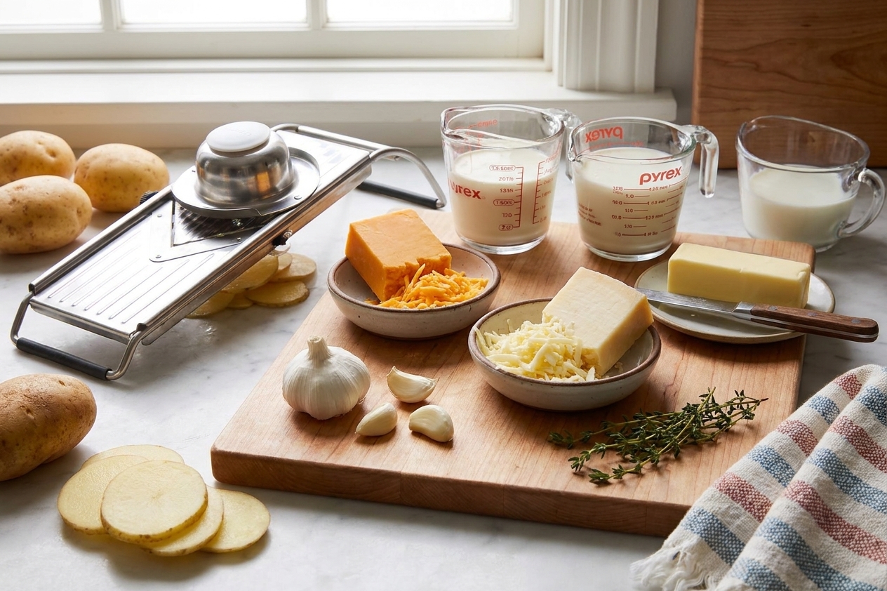 Raw ingredients for scalloped potatoes including russet potatoes, cheddar, Gruyere, garlic, cream, milk, and butter arranged on a tidy kitchen counter