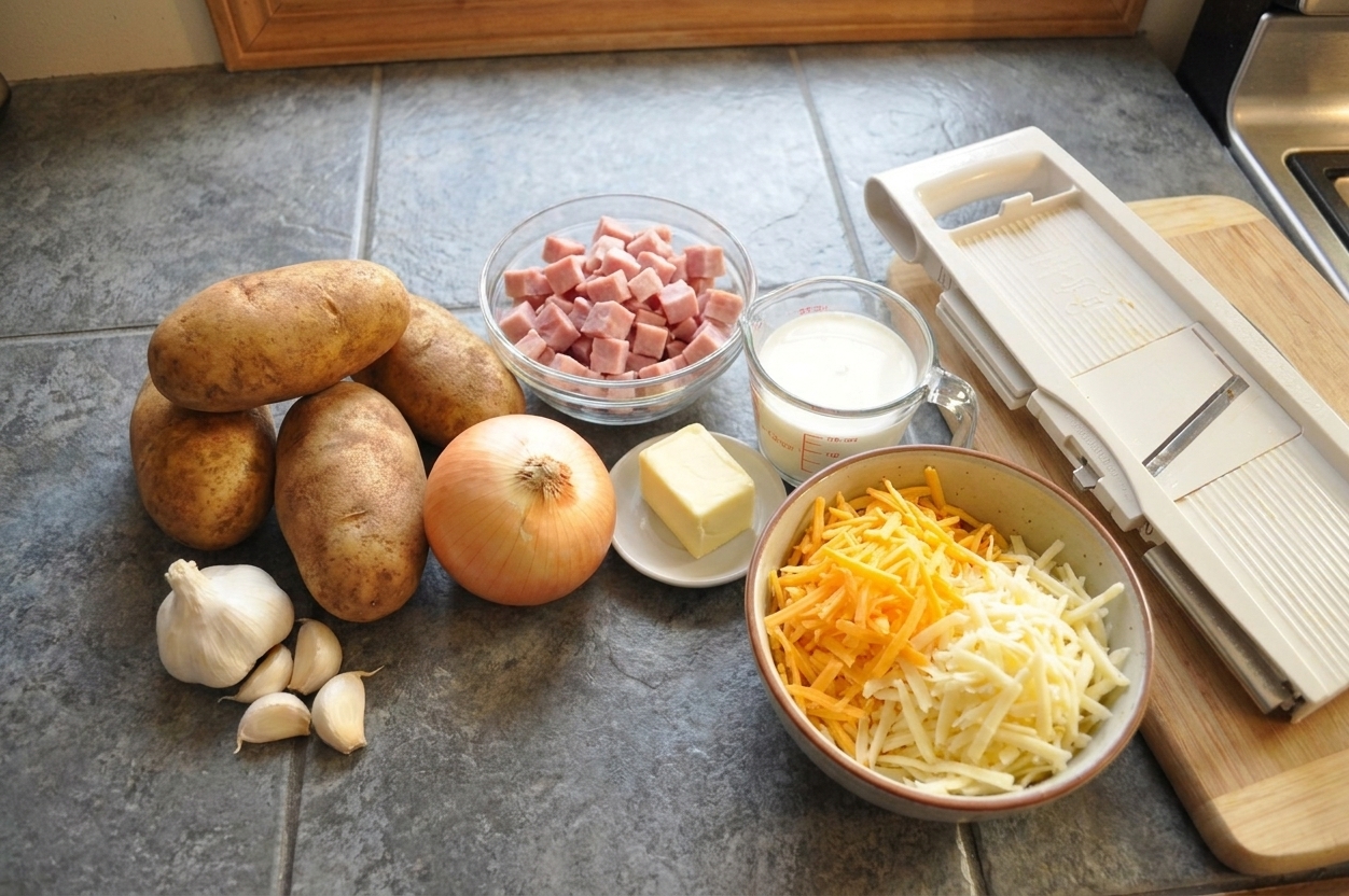 Raw ingredients for scalloped potatoes with ham including russet potatoes, a yellow onion, diced ham, garlic, butter, milk, and shredded cheese arranged on a tidy kitchen counter