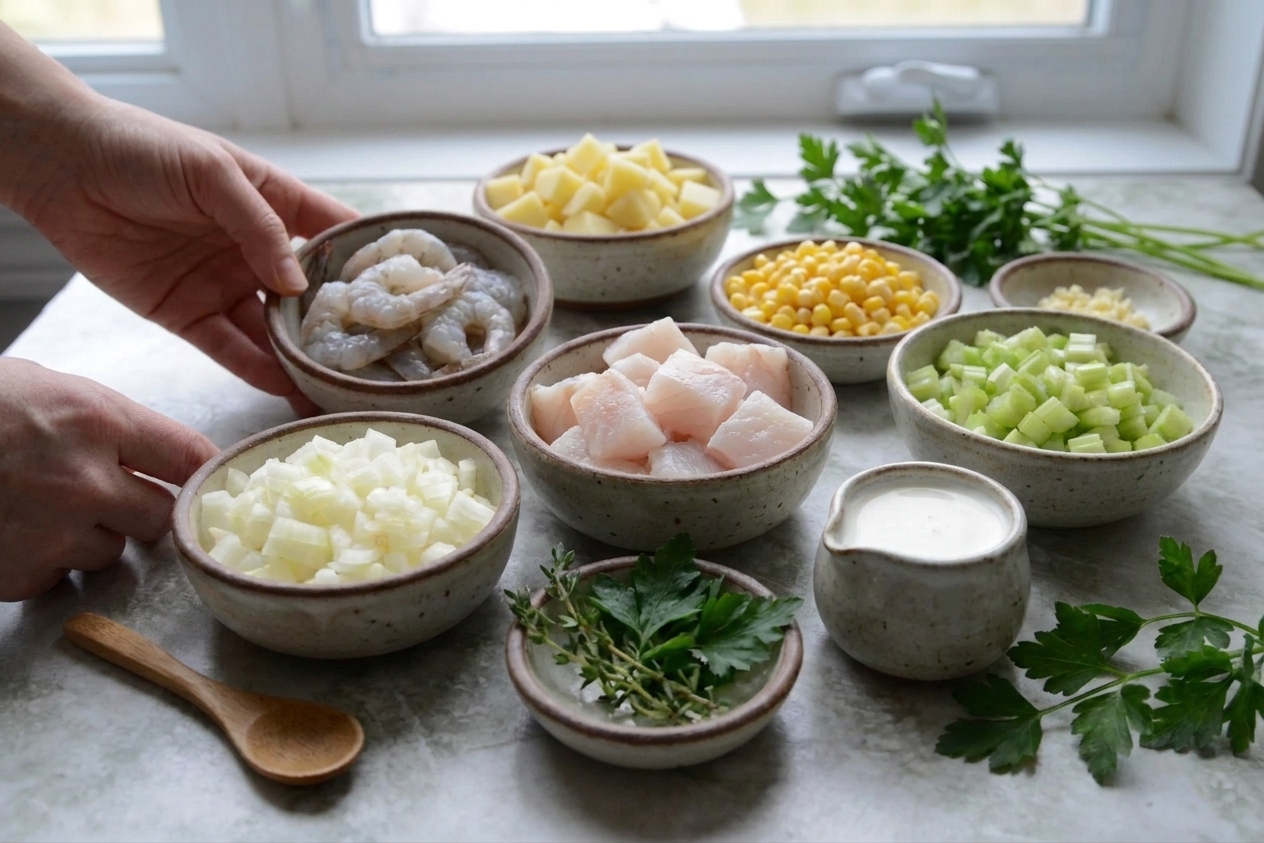 Raw ingredients for seafood chowder arranged on a kitchen counter, including shrimp, white fish, potatoes, corn, onion, celery, cream, and herbs in small bowls
