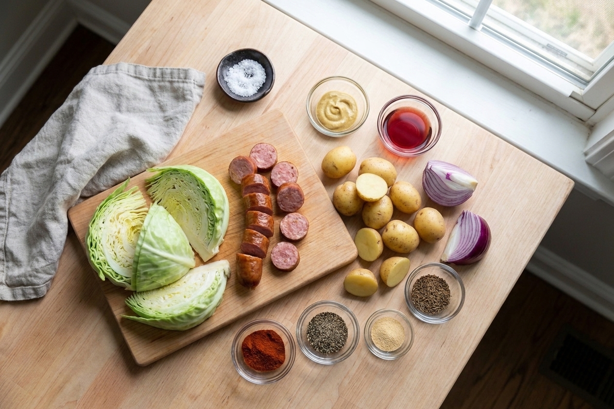 Raw ingredients for sheet pan kielbasa and cabbage including sliced kielbasa, cabbage wedges, baby potatoes, red onion, mustard, vinegar, and spices arranged on a kitchen counter