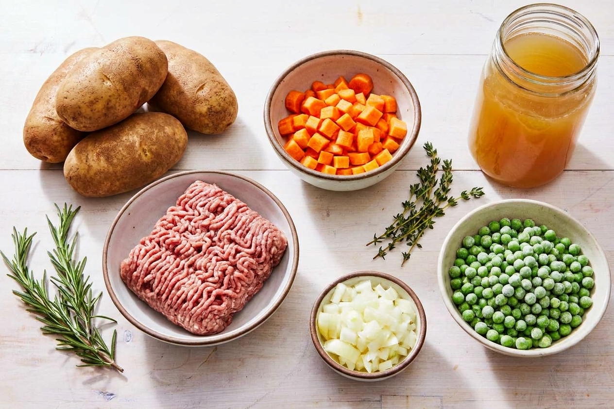 Raw ingredients for shepherd's pie laid out on a bright kitchen counter, including potatoes, ground lamb, carrots, onions, peas, broth, and herbs