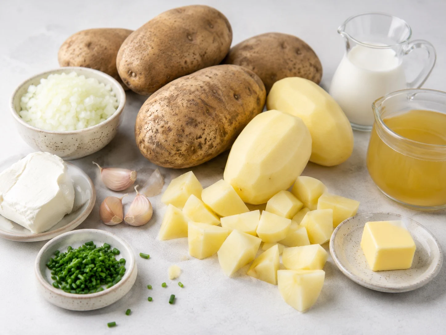 Raw ingredients for slow cooker potato soup arranged on a light kitchen counter, including potatoes, onion, garlic, broth, cheddar, sour cream, bacon, butter, and seasonings