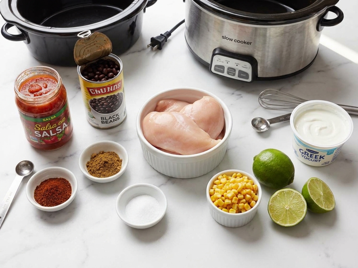 Raw ingredients for slow cooker taco chicken on a kitchen counter, including chicken breasts, salsa, canned black beans, corn, spices, limes, and Greek yogurt