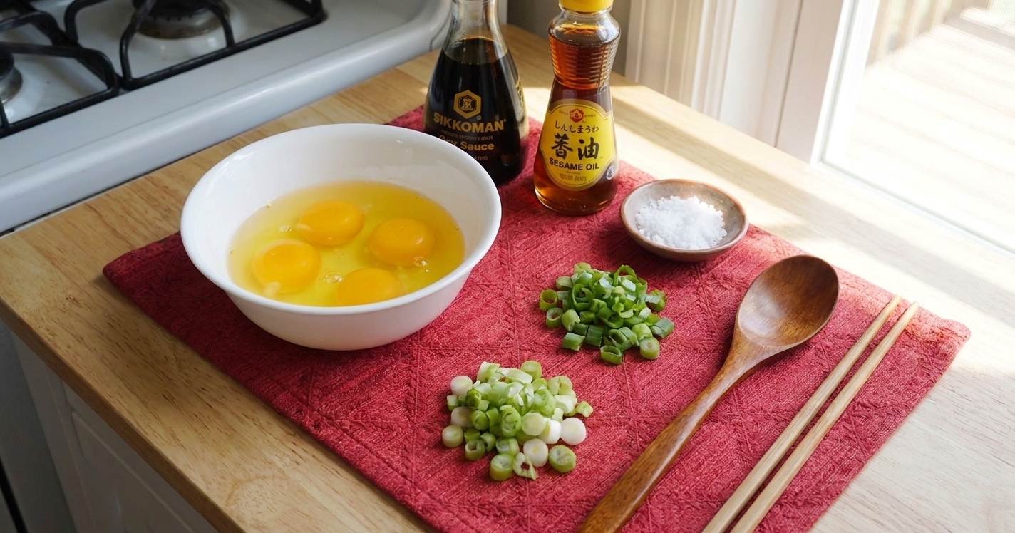 Raw ingredients for steamed egg including cracked eggs in a bowl, sliced scallions, soy sauce, sesame oil, and salt arranged on a kitchen counter