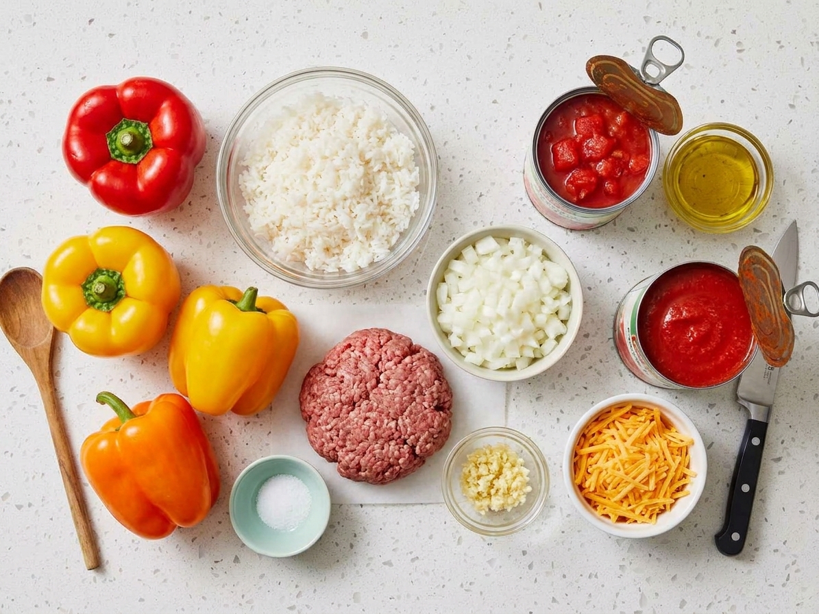 Raw ingredients for stuffed peppers including bell peppers, cooked rice, ground beef, onion, garlic, canned tomatoes, tomato sauce, and shredded cheese arranged on a kitchen counter
