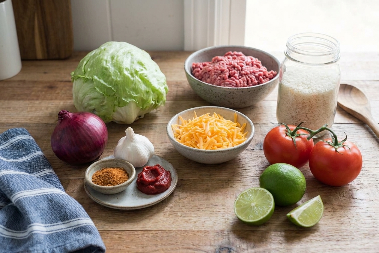 Raw ingredients for taco rice arranged on a kitchen counter, including ground beef, uncooked rice, onion, garlic, taco seasoning, tomato paste, shredded cheese, lettuce, tomatoes, and lime