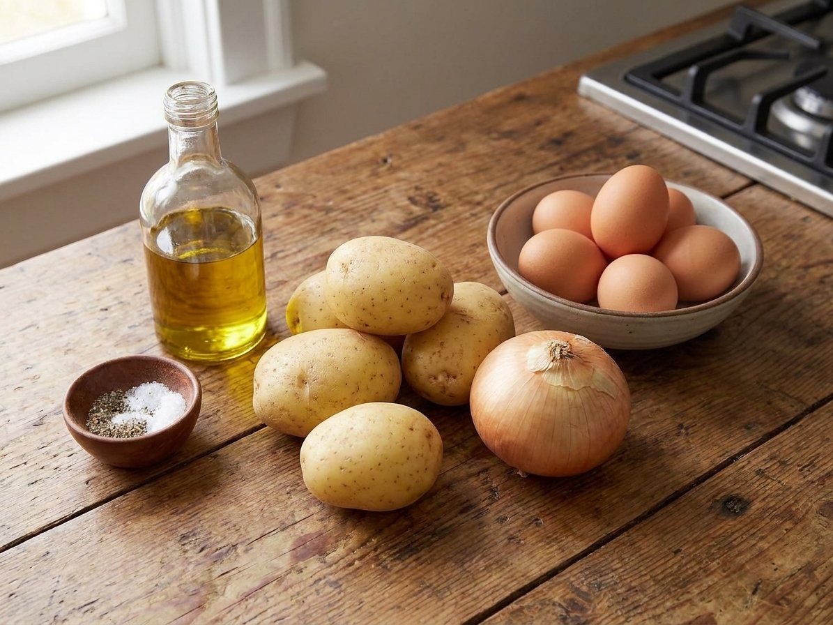 Raw ingredients for tortilla española arranged on a light kitchen counter: Yukon Gold potatoes, a yellow onion, eggs, a bottle of olive oil, and a small bowl of salt