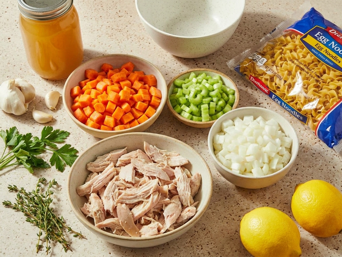 Raw ingredients for turkey noodle soup arranged on a kitchen counter, including shredded turkey, carrots, celery, onion, garlic, broth, egg noodles, herbs, and lemon
