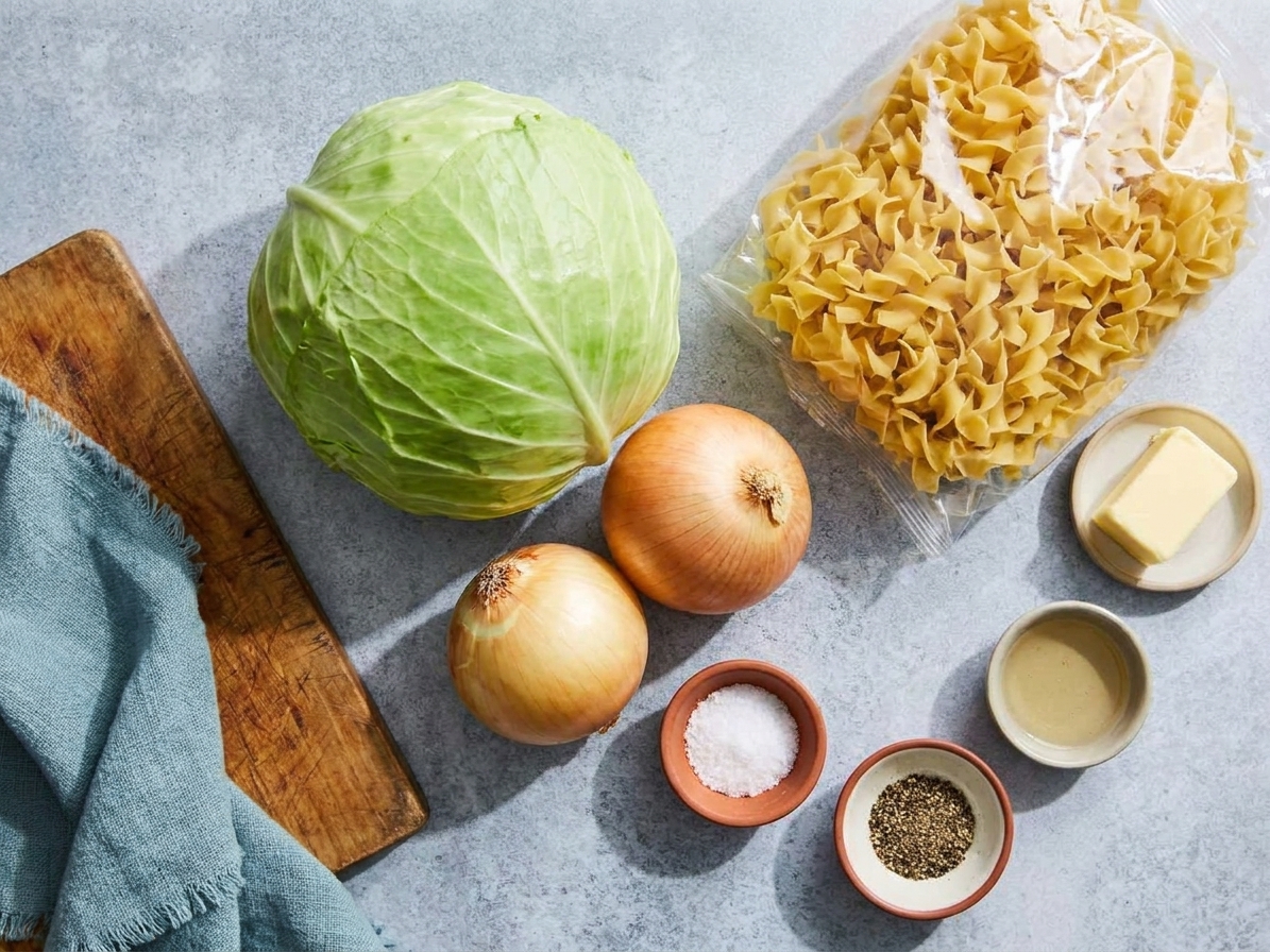 Raw ingredients on a kitchen counter including a head of green cabbage, yellow onions, egg noodles, butter, salt, and black pepper in small bowls