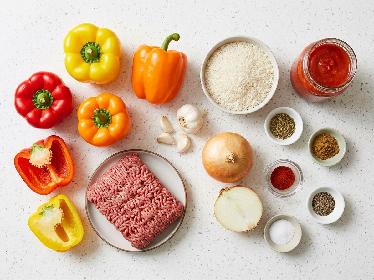 Raw ingredients on a kitchen counter including bell peppers, ground beef, uncooked rice, onion, garlic, tomato sauce, and spices laid out for stuffed peppers