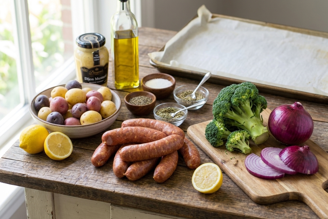Raw ingredients on a kitchen counter including smoked sausage links, baby potatoes, broccoli, red onion, lemons, Dijon mustard, olive oil, and spices laid out for cooking