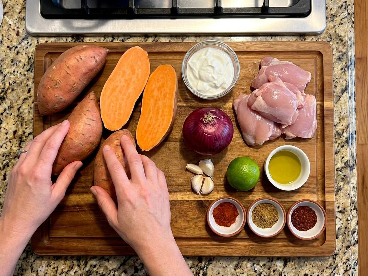 Raw ingredients on a wooden cutting board including sweet potatoes, boneless chicken thighs, red onion, garlic, lime, Greek yogurt, olive oil, and small bowls of spices in a home kitchen