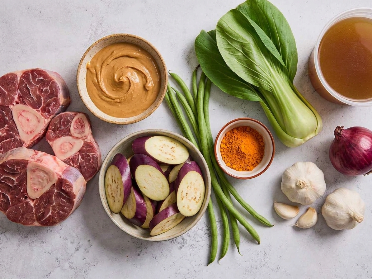 Raw kare kare ingredients arranged on a kitchen counter, including beef shanks, peanut butter, eggplant, long beans, bok choy, annatto powder, garlic, onion, and beef broth