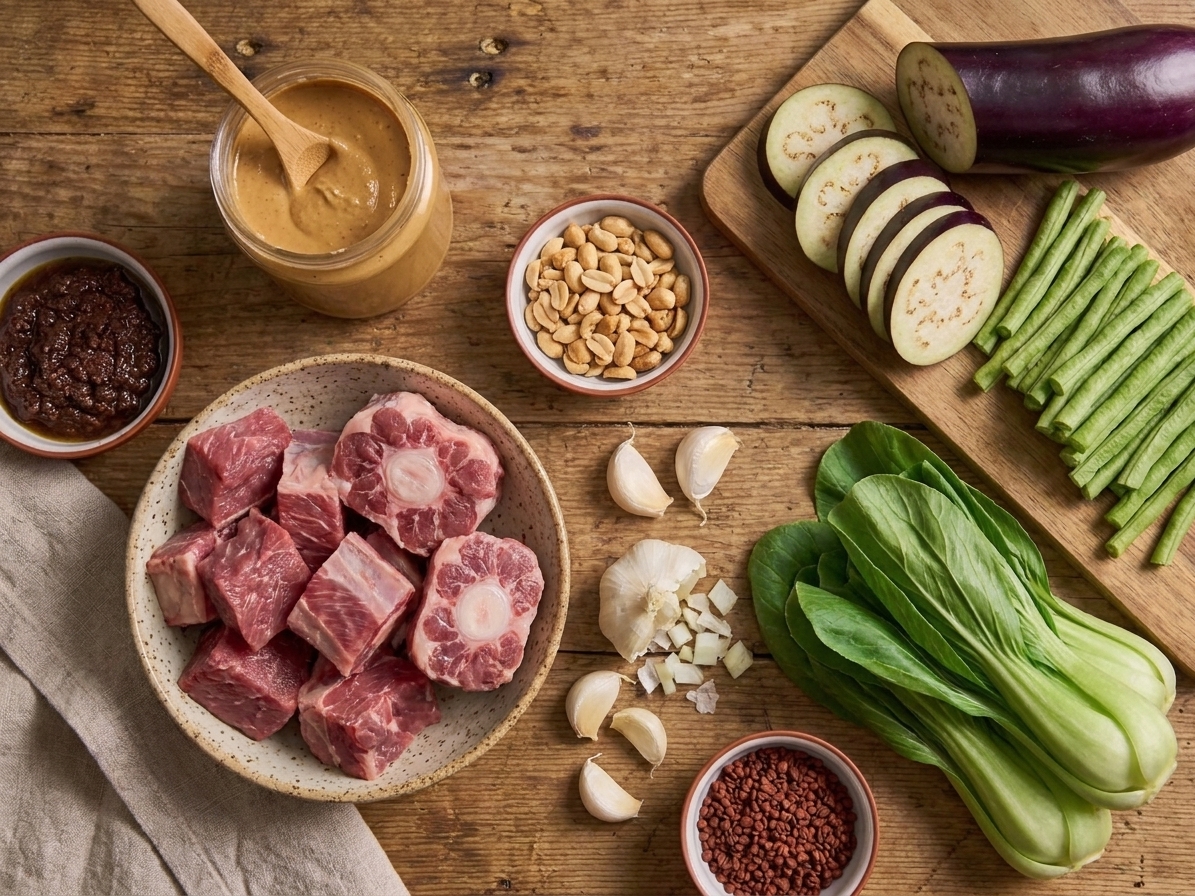 Raw kare kare ingredients arranged on a kitchen counter including beef, peanut butter, toasted peanuts, long beans, eggplant, bok choy, garlic, onion, and annatto