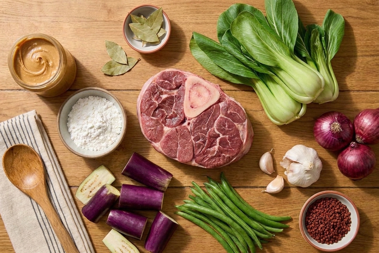 Raw kare kare ingredients arranged on a kitchen counter including beef shank, peanut butter, rice flour, eggplant, long beans or green beans, bok choy, onion, garlic, and annatto