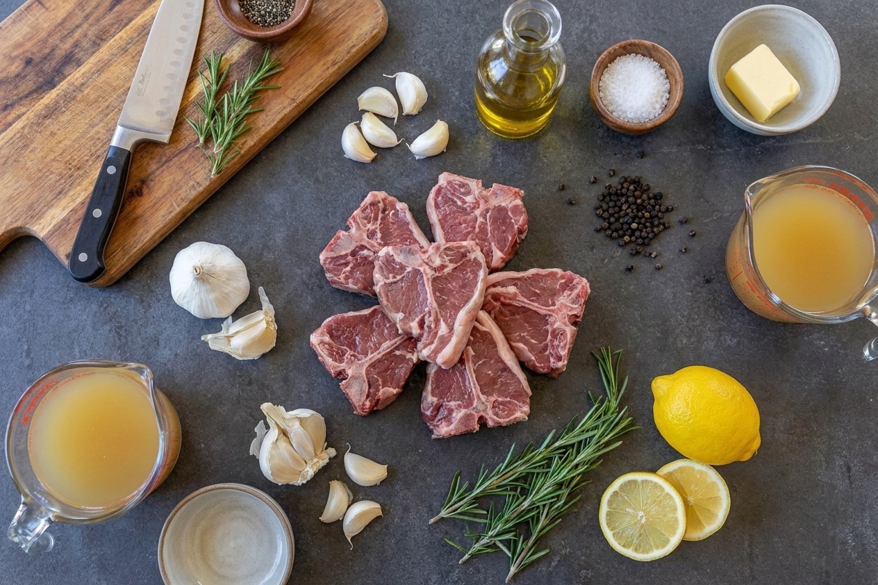 Raw lamb loin chops, garlic cloves, fresh rosemary, lemon, butter, olive oil, salt, pepper, and chicken broth arranged on a light colored kitchen counter