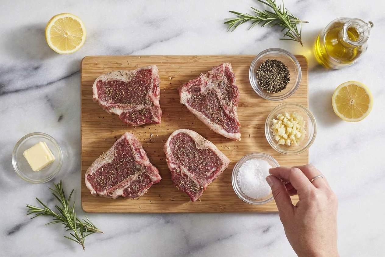 Raw lamb loin steaks on a cutting board with small bowls of kosher salt, black pepper, minced garlic, lemon halves, rosemary sprigs, olive oil, and butter on a kitchen counter
