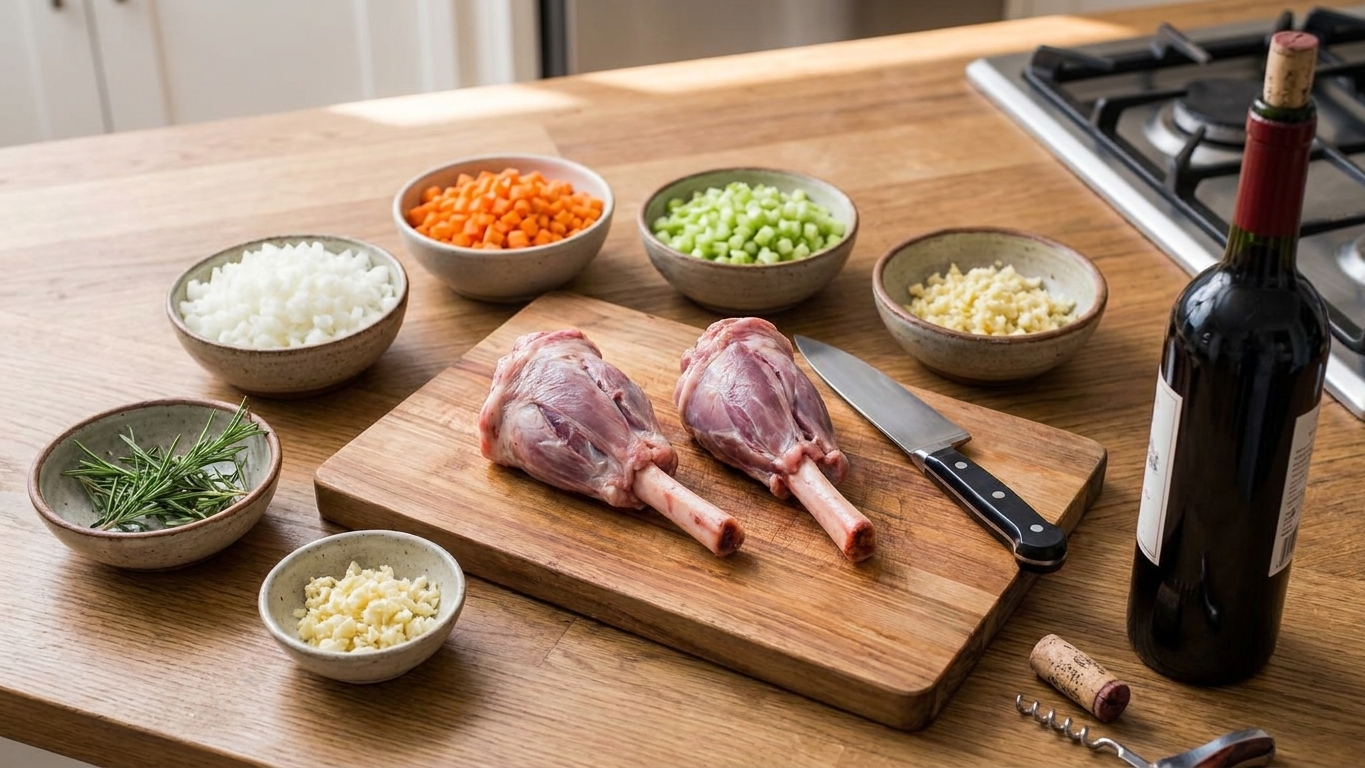 Raw lamb shanks on a cutting board with bowls of chopped onion, carrots, celery, garlic, rosemary, and a bottle of red wine on a clean kitchen counter