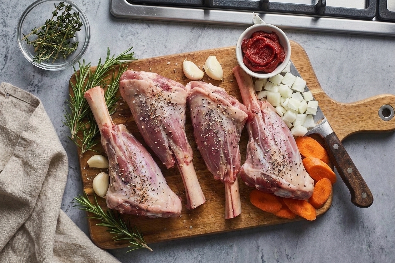 Raw lamb shanks on a cutting board with rosemary, garlic, onions, carrots, and a small bowl of tomato paste on a tidy kitchen counter