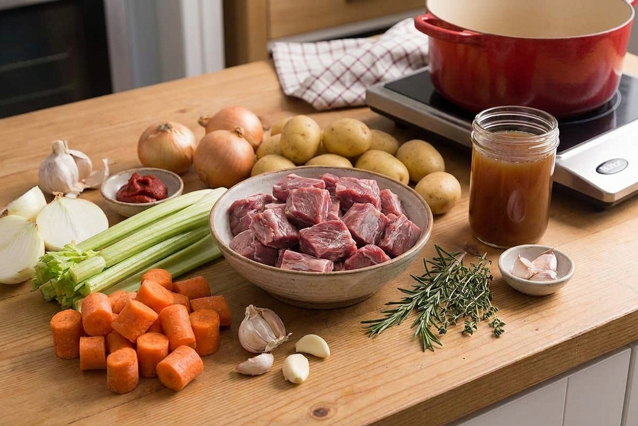 Raw lamb shoulder cubes, carrots, celery, onions, potatoes, garlic, tomato paste, rosemary, thyme, and beef broth arranged on a clean kitchen counter