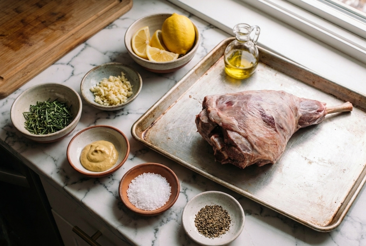 Raw lamb thigh roast on a rimmed baking sheet with small bowls of chopped rosemary, minced garlic, Dijon mustard, lemon, olive oil, salt, and pepper on a consistent home kitchen counter