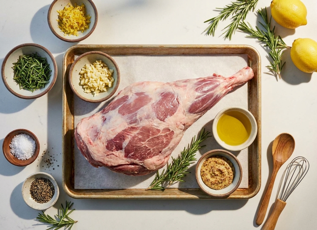 Raw leg of lamb on a sheet pan surrounded by small bowls of chopped rosemary, minced garlic, lemon zest, salt, pepper, olive oil, and Dijon mustard on a bright kitchen counter