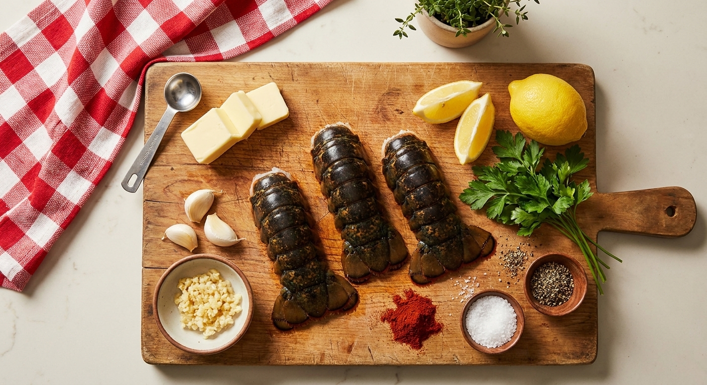 Raw lobster tails, butter, garlic, lemon, parsley, paprika, salt, and black pepper arranged on a light kitchen counter with a small bowl and measuring spoon