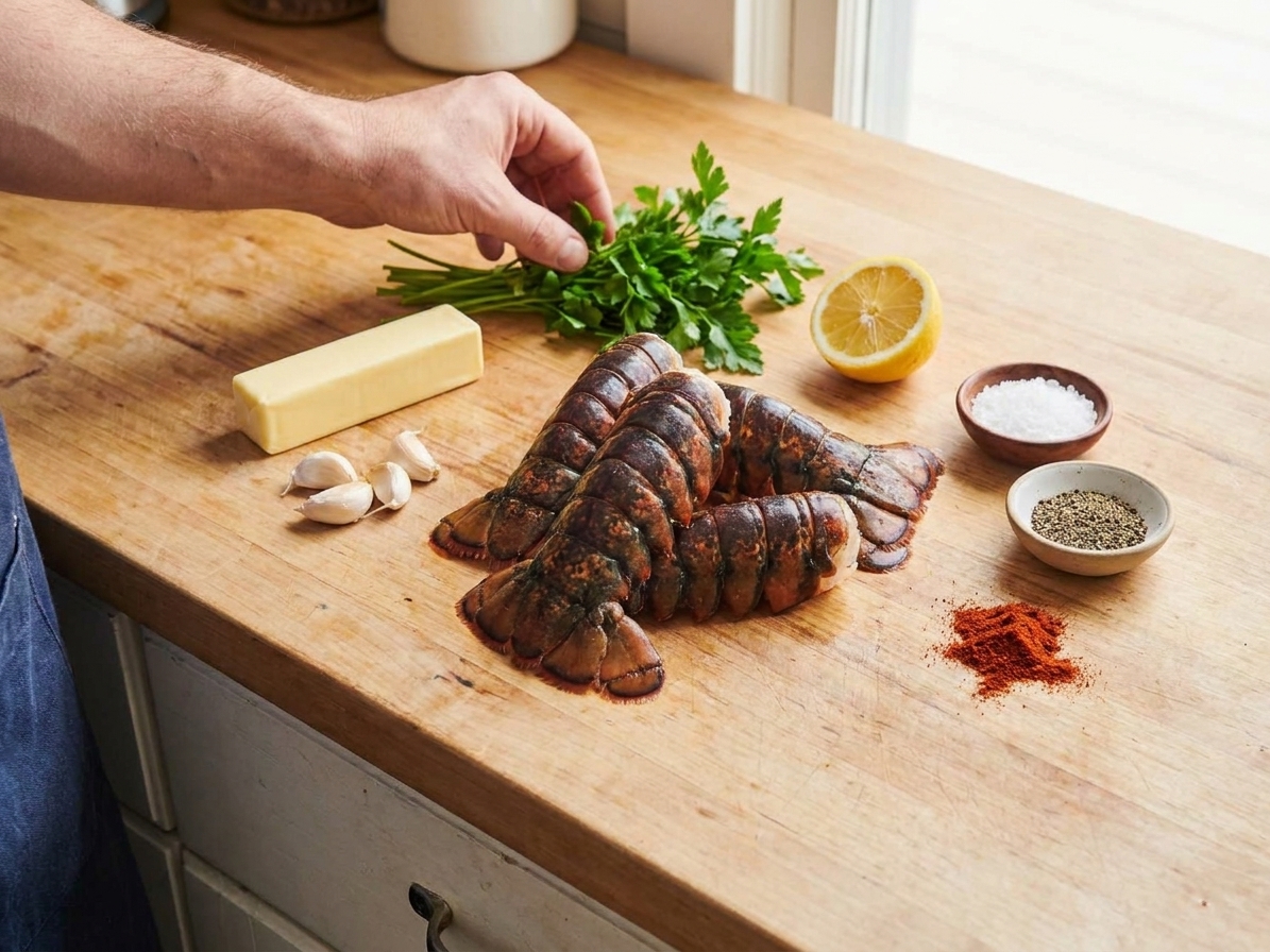 Raw lobster tails, butter, garlic, parsley, lemon, salt, pepper, and paprika arranged on a light kitchen counter