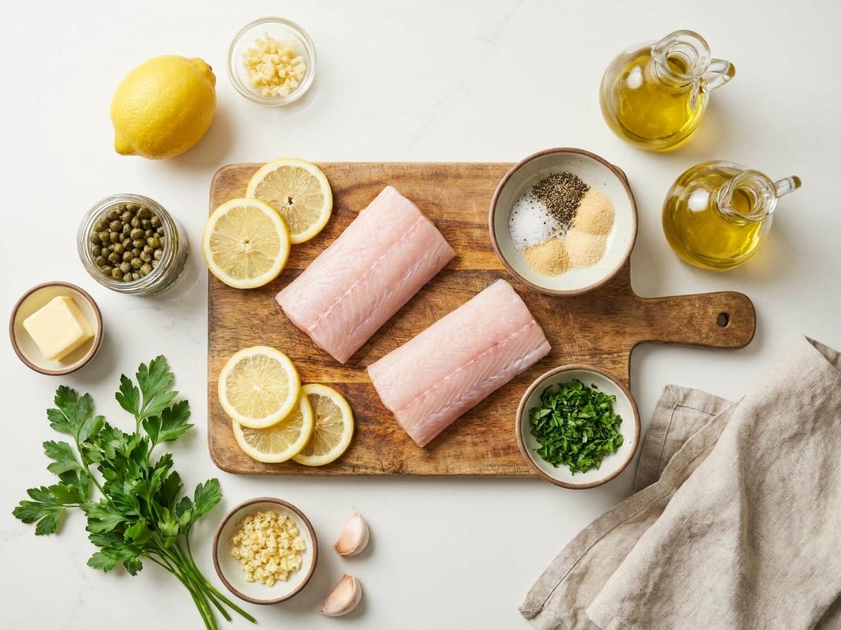 Raw mahi mahi fillets, lemon, capers, butter, garlic, parsley, olive oil, and seasonings arranged on a clean kitchen counter