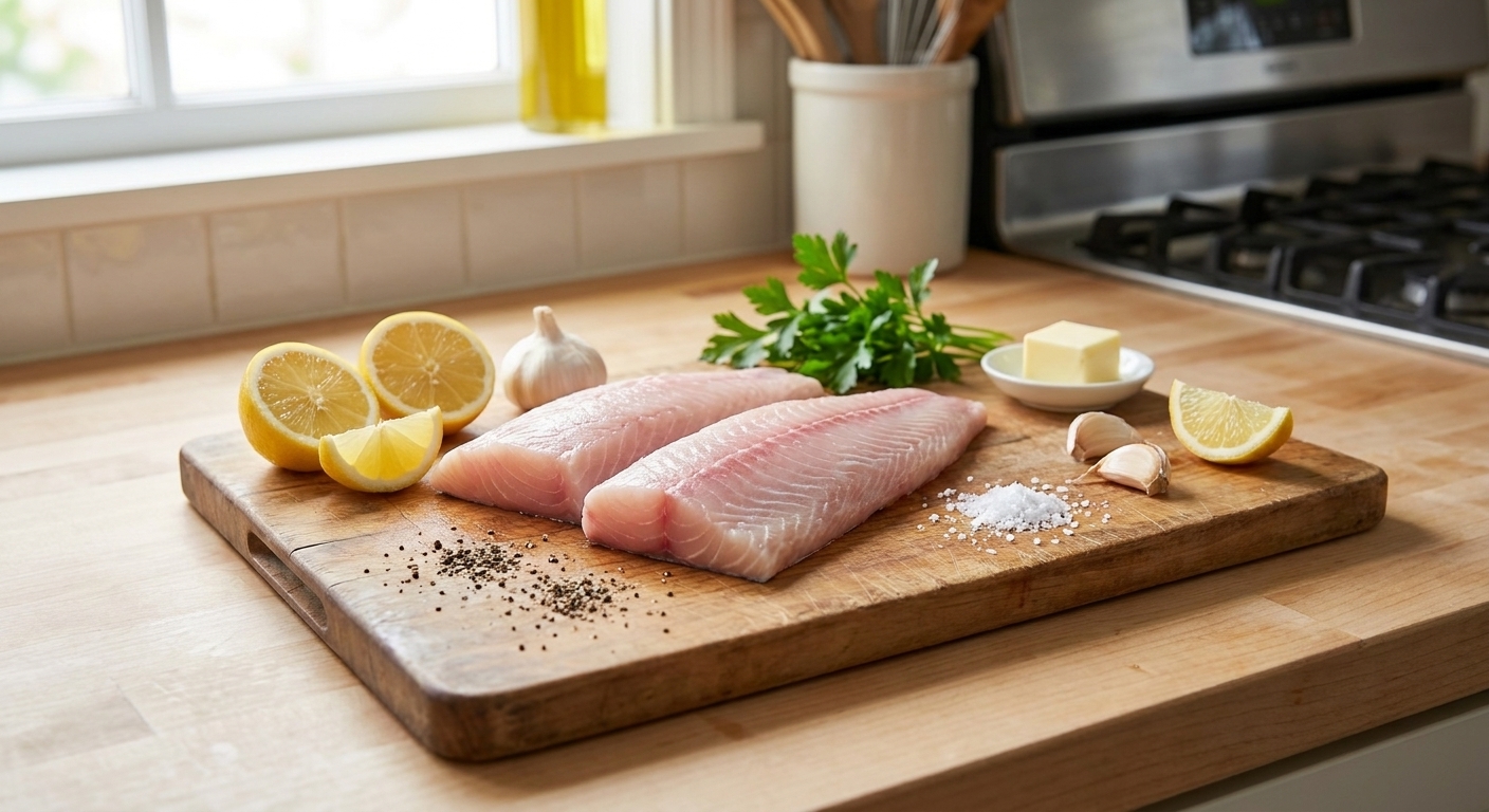 Raw mahi mahi fillets patted dry on a wooden cutting board with lemon, garlic, parsley, and butter nearby on a bright kitchen counter
