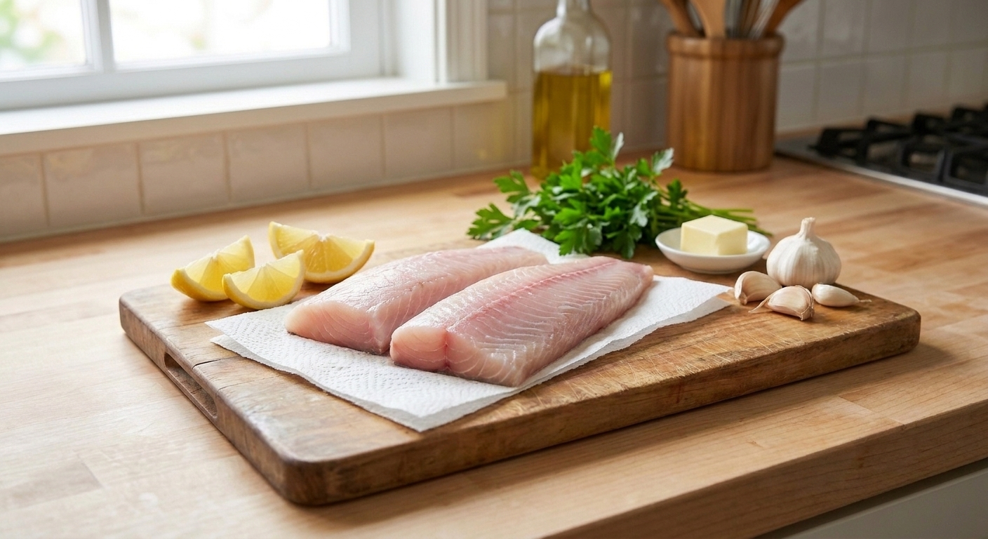 Raw mahi mahi fillets patted dry on a wooden cutting board with lemon, garlic, parsley, and butter nearby on a bright kitchen counter