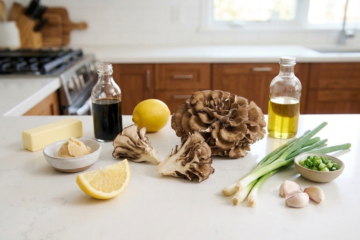 Raw maitake mushroom clusters, butter, white miso, soy sauce, lemon, scallions, garlic, and neutral oil arranged on a light stone kitchen counter