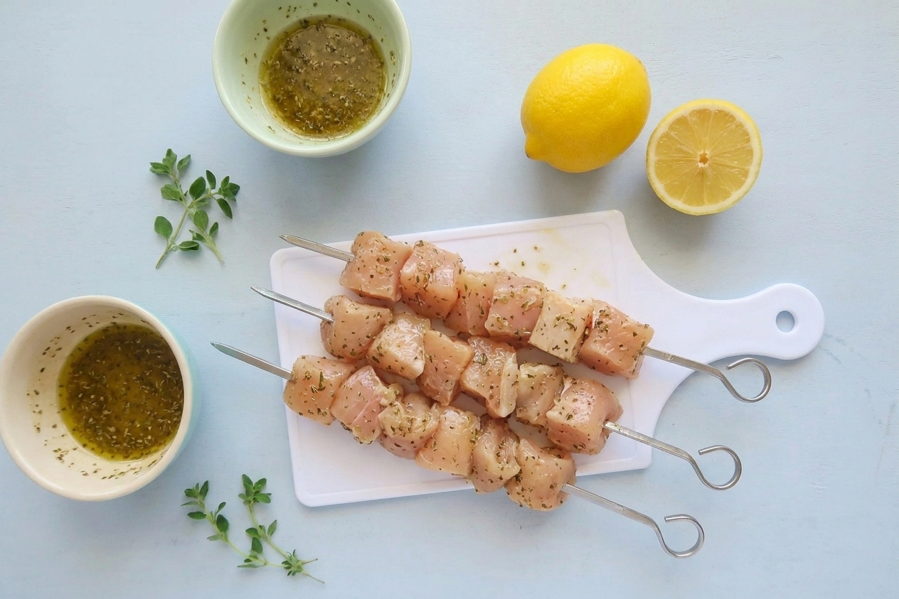 Raw marinated chicken pieces threaded onto metal skewers over a cutting board with a lemon nearby