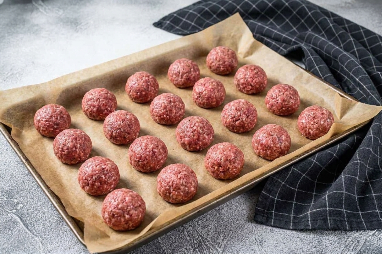 Raw meatballs arranged on a parchment-lined sheet pan on a kitchen counter