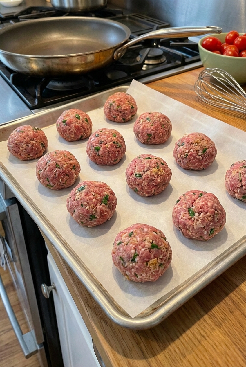Raw meatballs arranged on a sheet pan, ready to be seared