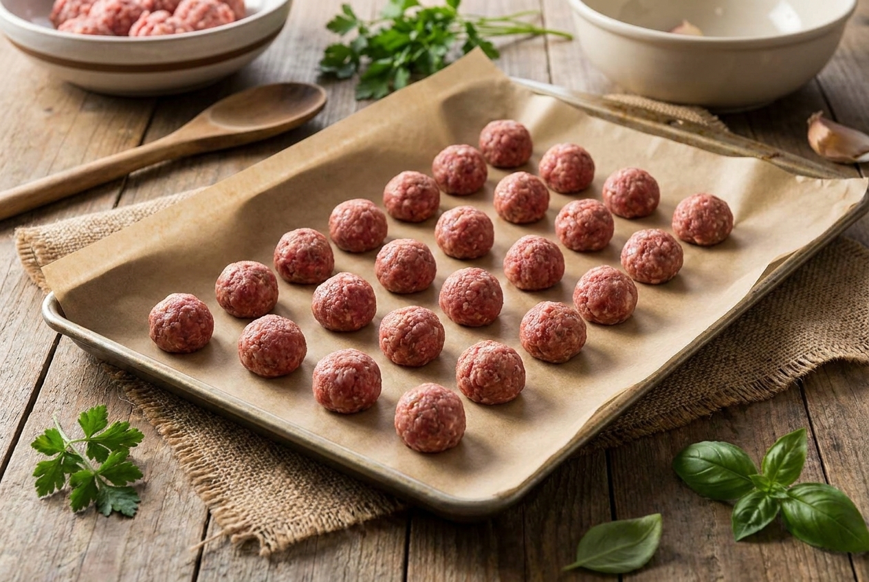 Raw meatballs evenly portioned on a parchment-lined baking sheet on a kitchen counter