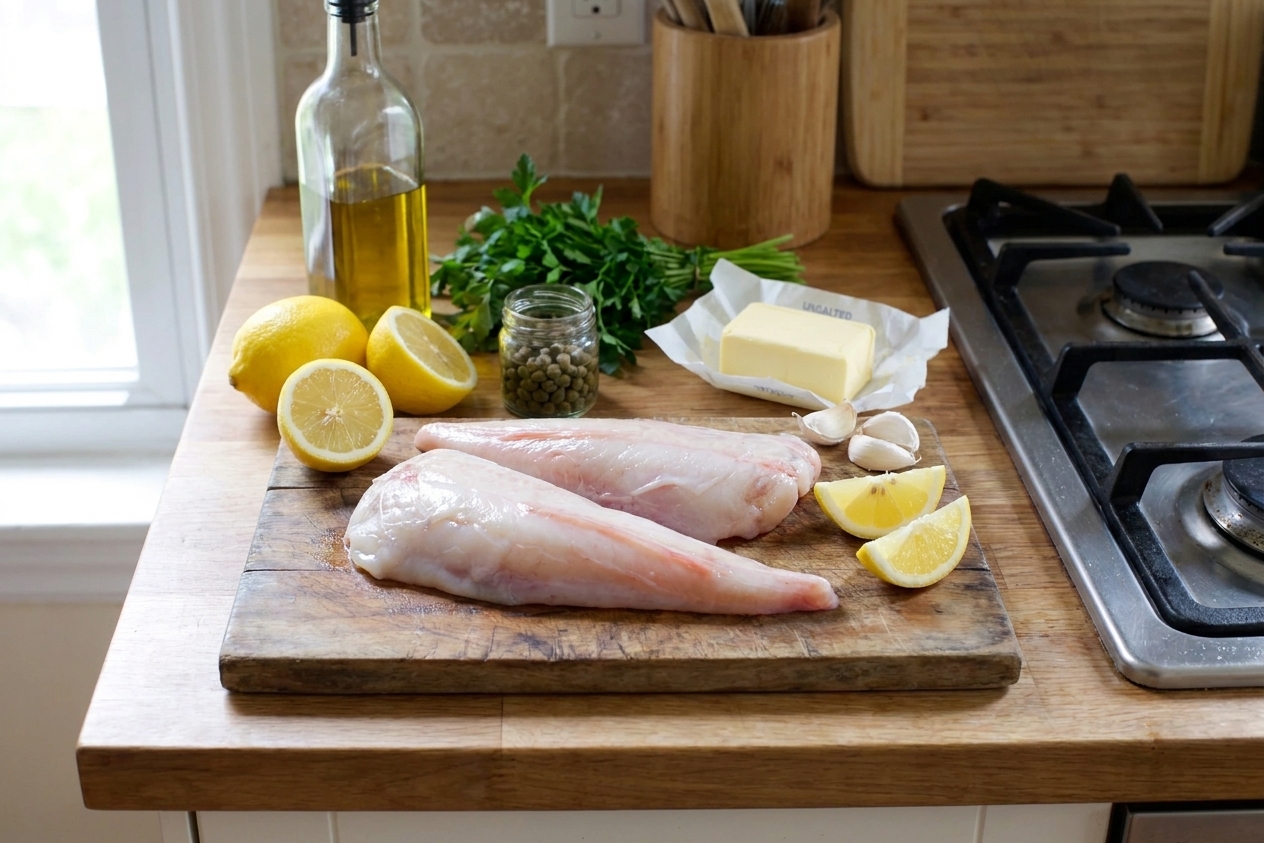 Raw monkfish tail portions, lemons, capers, butter, garlic, parsley, and olive oil arranged on a clean kitchen counter in soft natural light