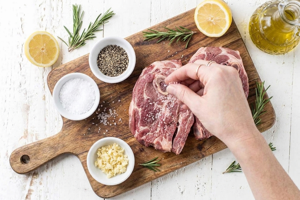 Raw mutton shoulder chops on a cutting board with small bowls of kosher salt, black pepper, minced garlic, rosemary sprigs, lemon, and a bottle of olive oil on a tidy kitchen counter