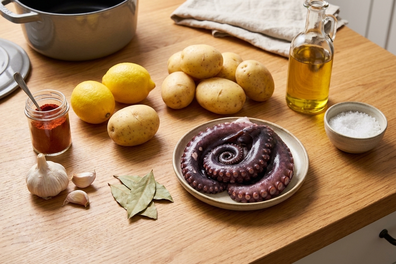 Raw octopus, Yukon Gold potatoes, smoked paprika, olive oil, lemons, garlic, bay leaves, and flaky salt arranged on a clean kitchen counter