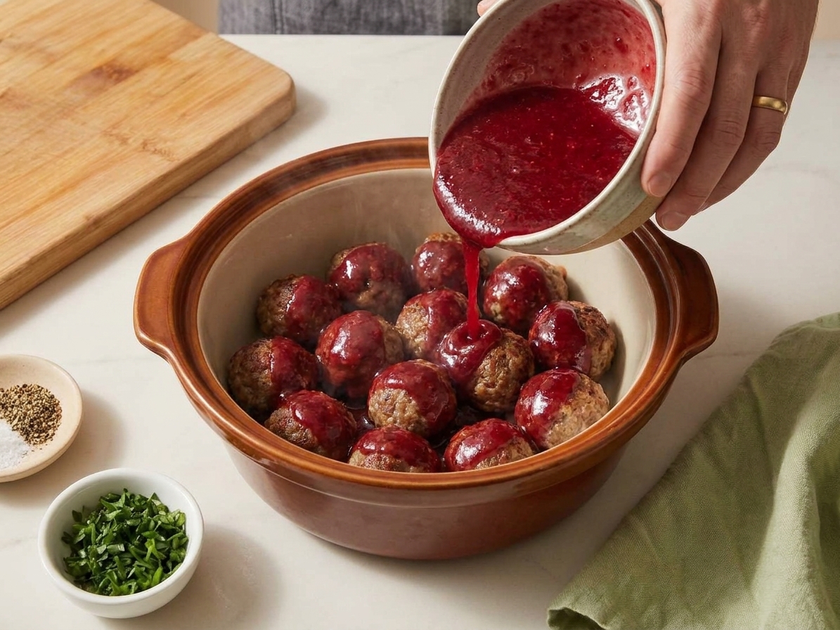 Raw or browned meatballs in a slow cooker as sauce is poured over them on a kitchen counter