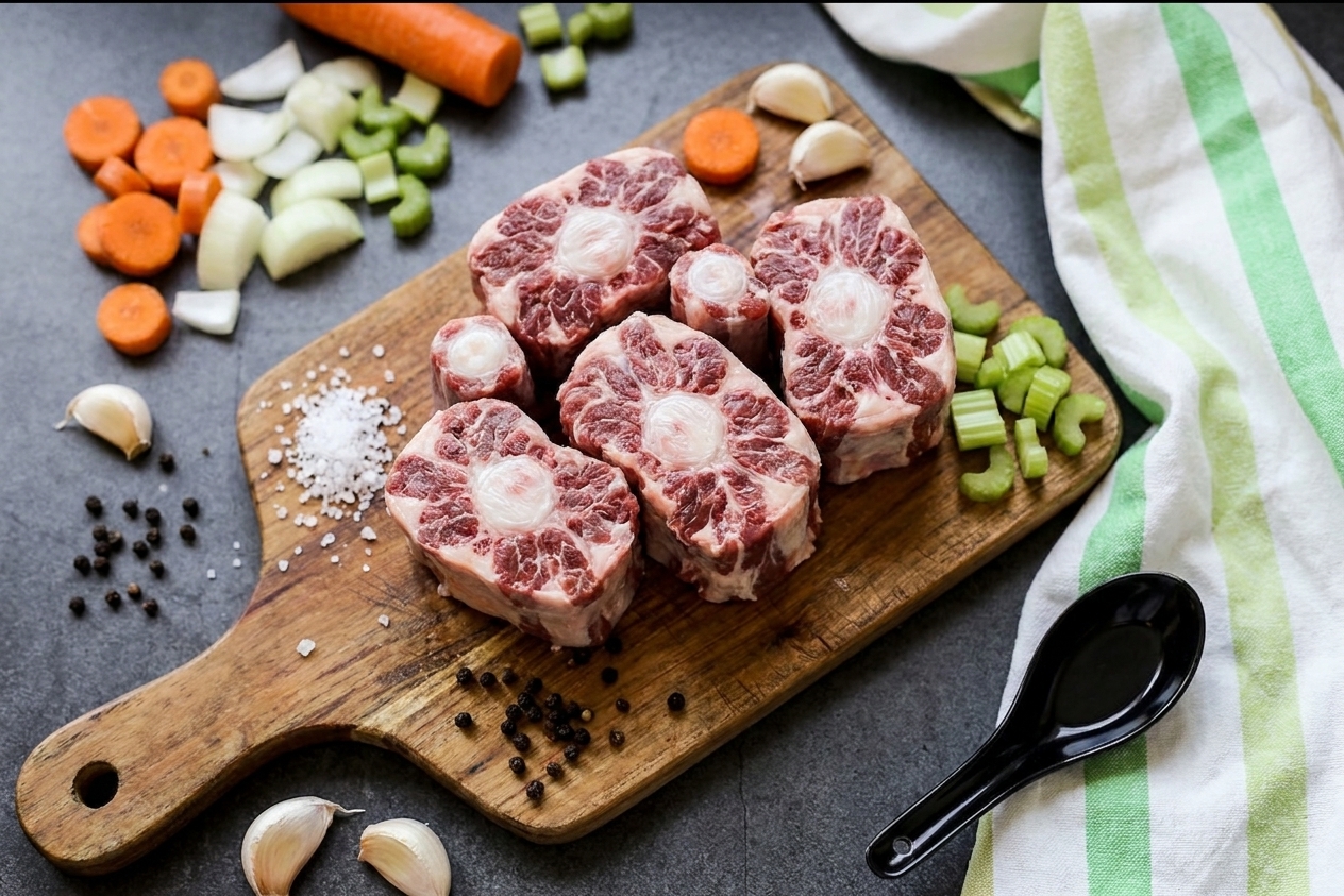 Raw oxtail pieces arranged on a wooden cutting board with salt, pepper, garlic, and chopped vegetables nearby on a kitchen counter