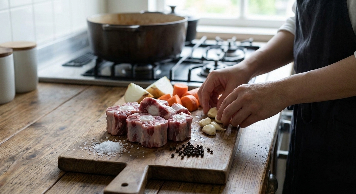 Raw oxtail pieces arranged on a wooden cutting board with salt, pepper, garlic, carrots, and onions nearby on a clean kitchen counter