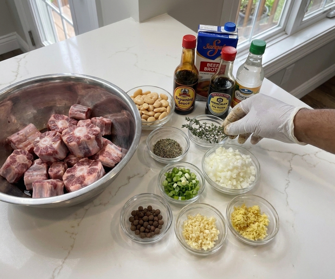 Raw oxtail pieces, butter beans, thyme, scallions, onion, garlic, ginger, browning sauce, soy sauce, vinegar, allspice, and broth arranged on a neutral kitchen counter